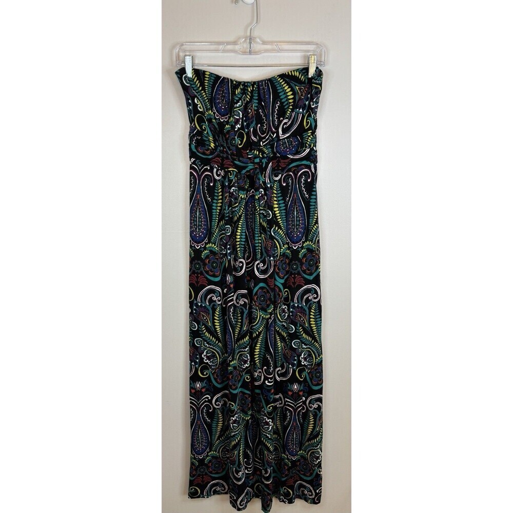 SOMA Black Floral Paisley Strapless Maxi Dress Women Small Jersey Knit Pockets